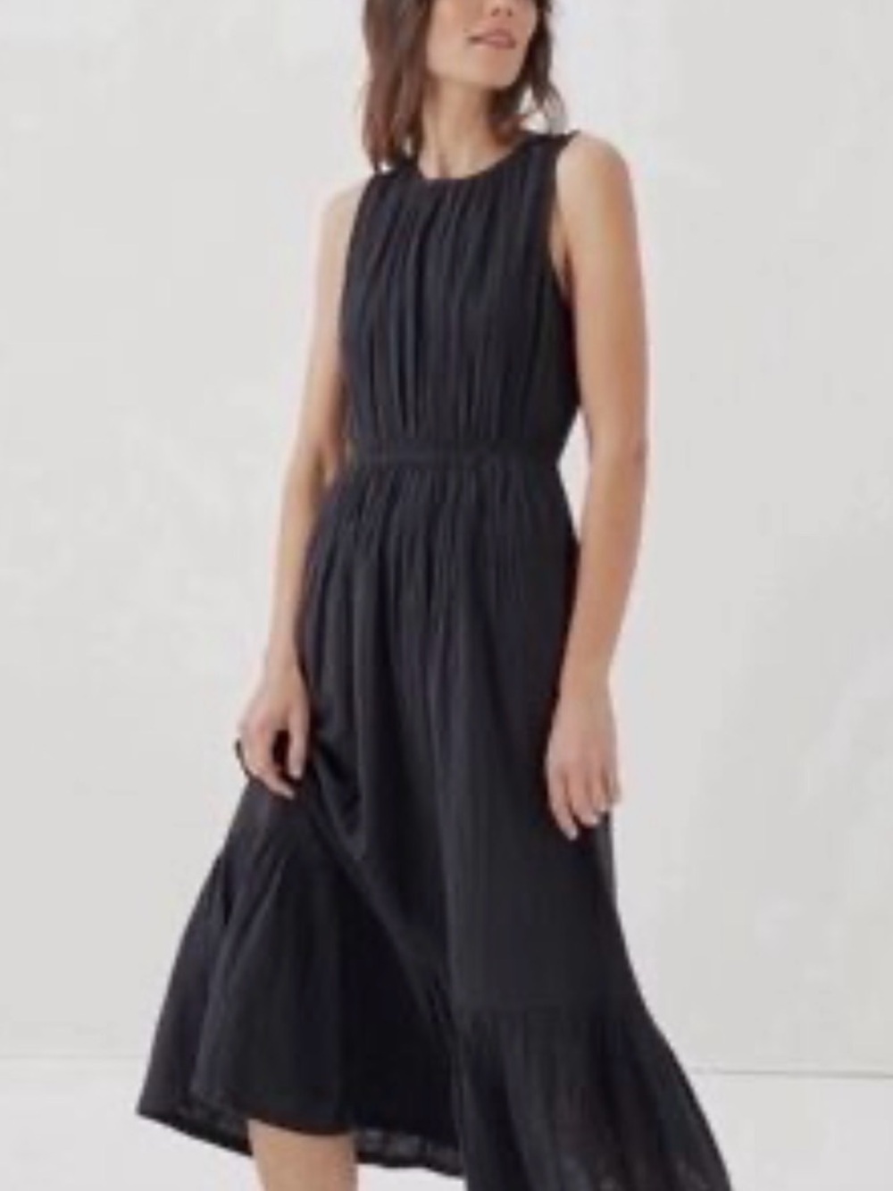 Pact organic black cotton gauze tiered midi dress with cut out lower back. Sz Sm